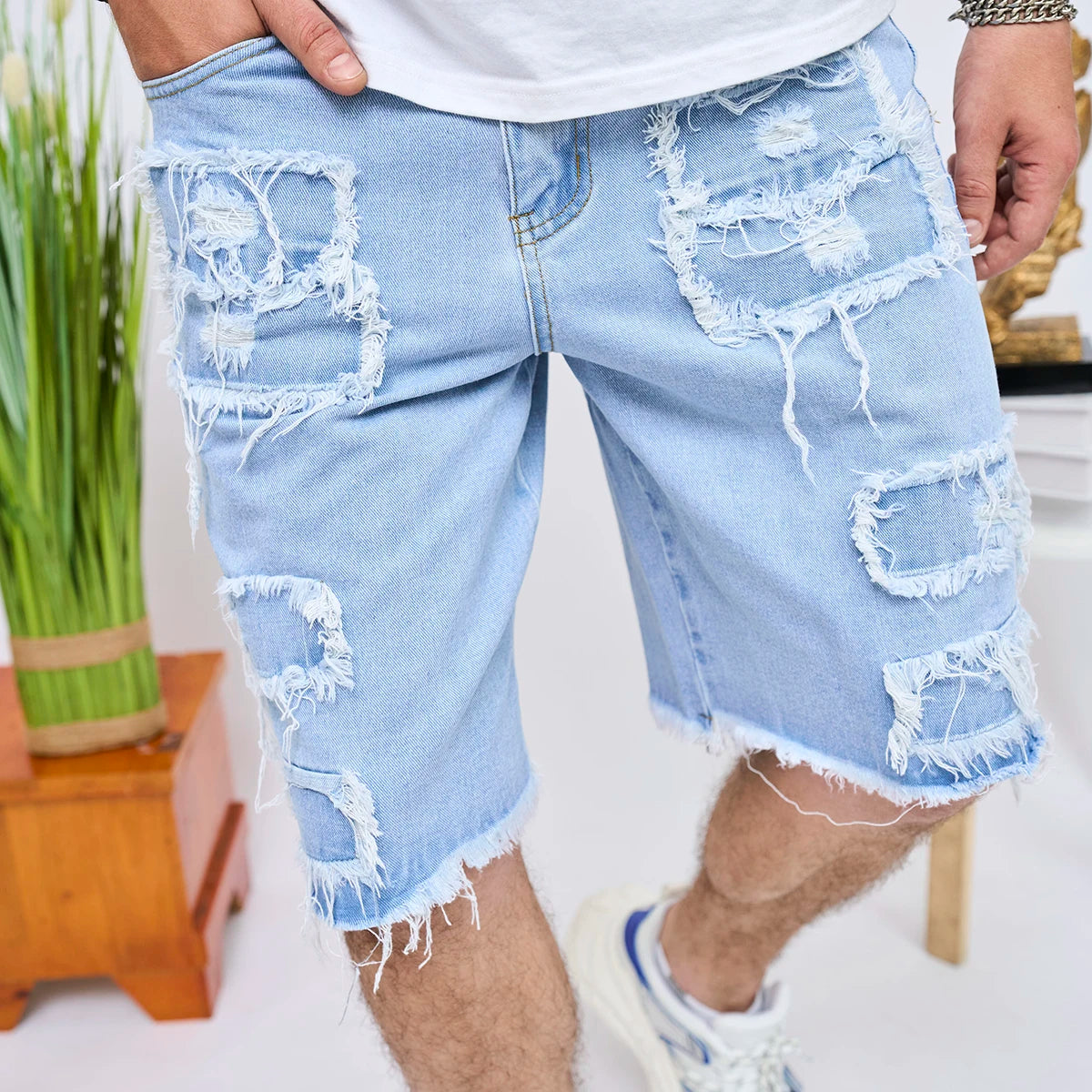 2024 Summer Men's High Street Ripped Patch Denim Shorts Stylish Solid Casual Male Straight Jeans Shorts
